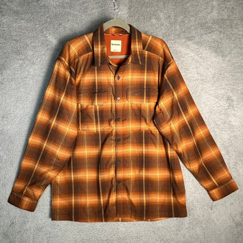 SIMMS Men's Plaid Flannel Shacket ?2XL Lined Orange Brown Fishing Outdoor EUC